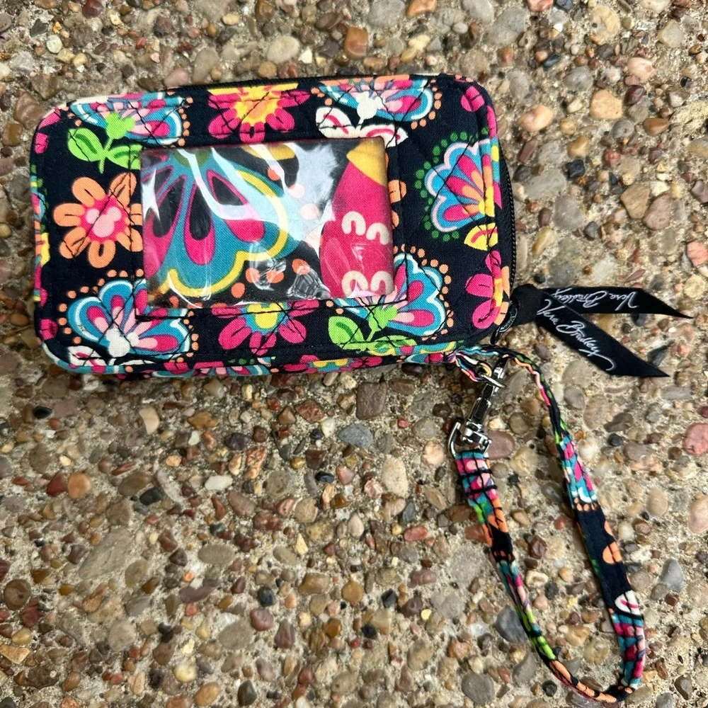 Vera Bradley Black Floral Wristlet Wallet with Hot Pink Interior